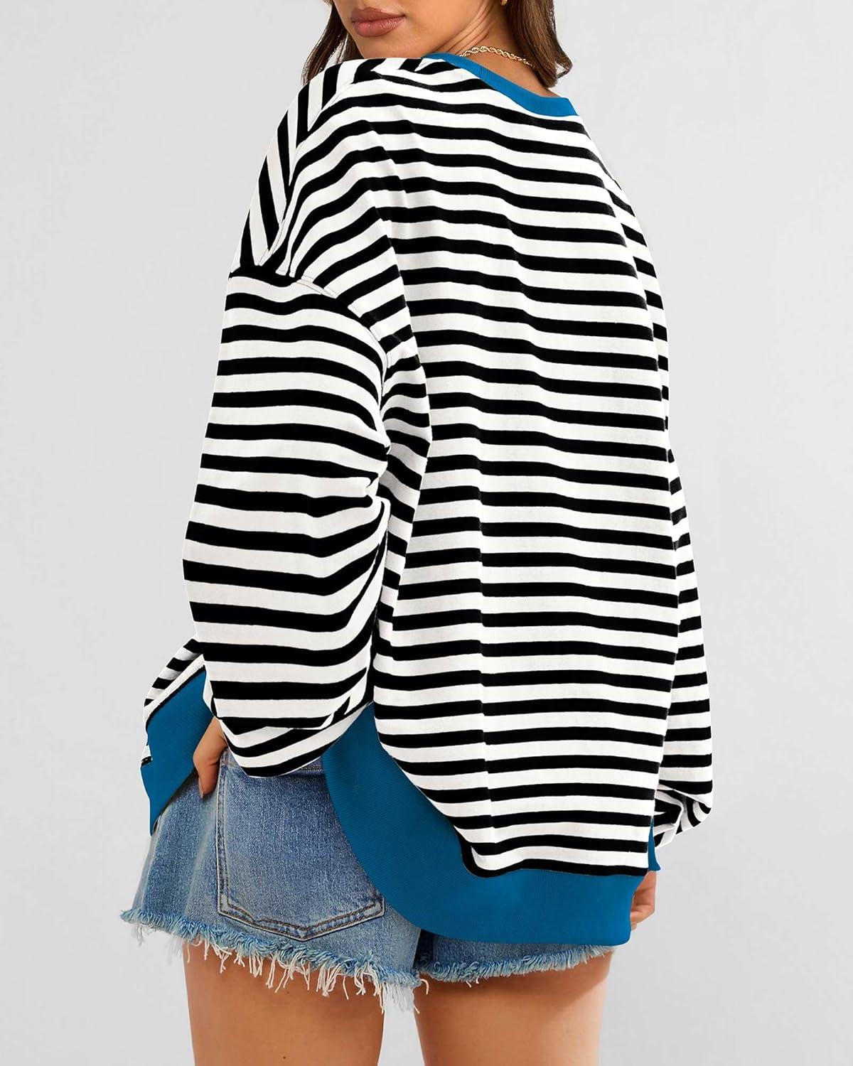 imageBTFBM Womens Oversized Striped Sweatshirt Crewneck Long Sleeve Pullover Top Casual Y2K Spring Clothes 2026 Workout ShirtBlack White