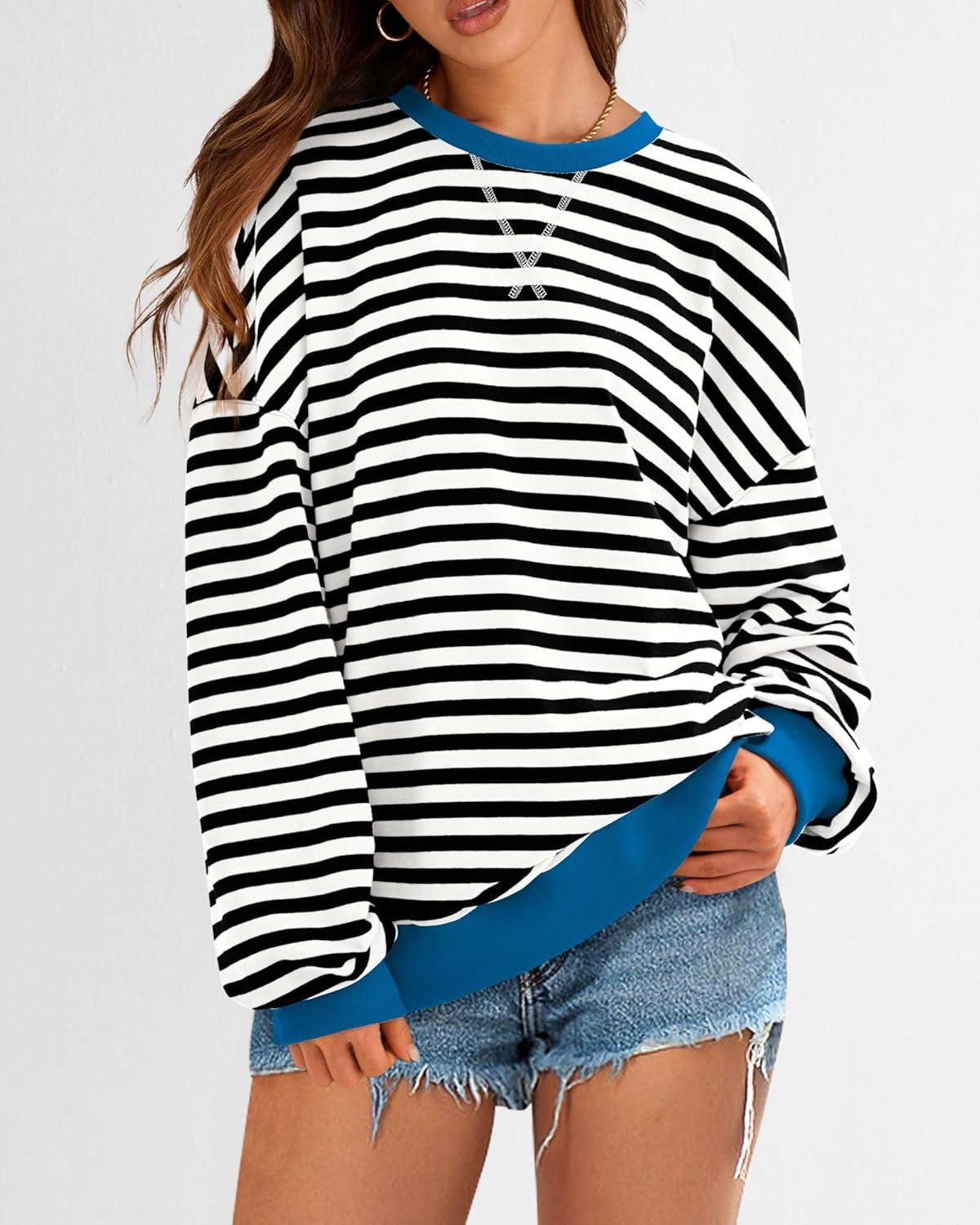 imageBTFBM Womens Oversized Striped Sweatshirt Crewneck Long Sleeve Pullover Top Casual Y2K Spring Clothes 2026 Workout ShirtBlack White