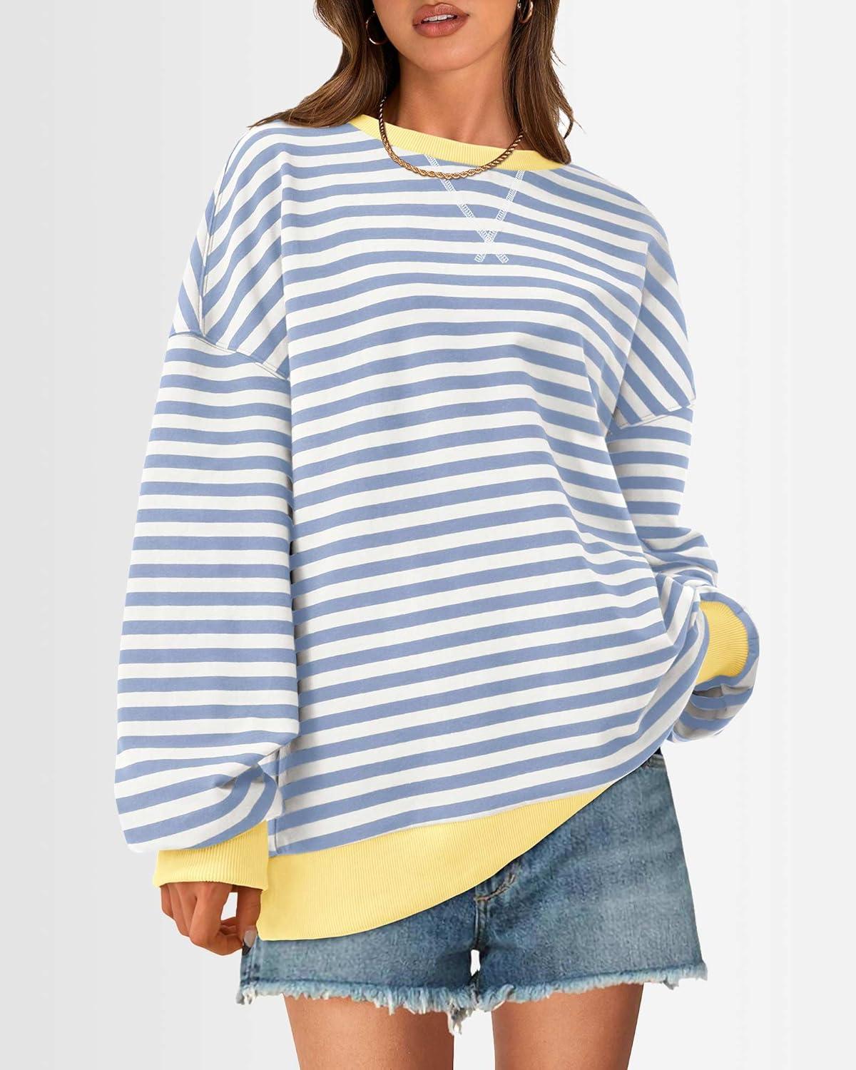 imageBTFBM Womens Oversized Striped Sweatshirt Crewneck Long Sleeve Pullover Top Casual Y2K Spring Clothes 2026 Workout ShirtBlue Beige White
