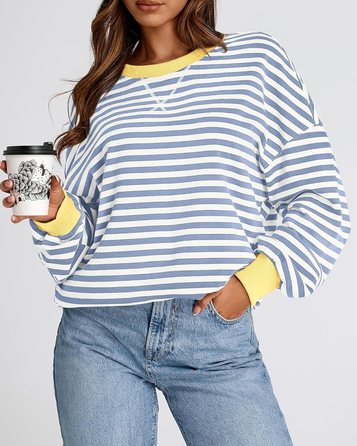 imageBTFBM Womens Oversized Striped Sweatshirt Crewneck Long Sleeve Pullover Top Casual Y2K Spring Clothes 2026 Workout ShirtBlue Beige White