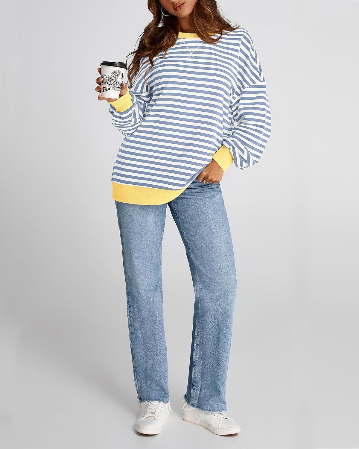 imageBTFBM Womens Oversized Striped Sweatshirt Crewneck Long Sleeve Pullover Top Casual Y2K Spring Clothes 2026 Workout ShirtBlue Beige White