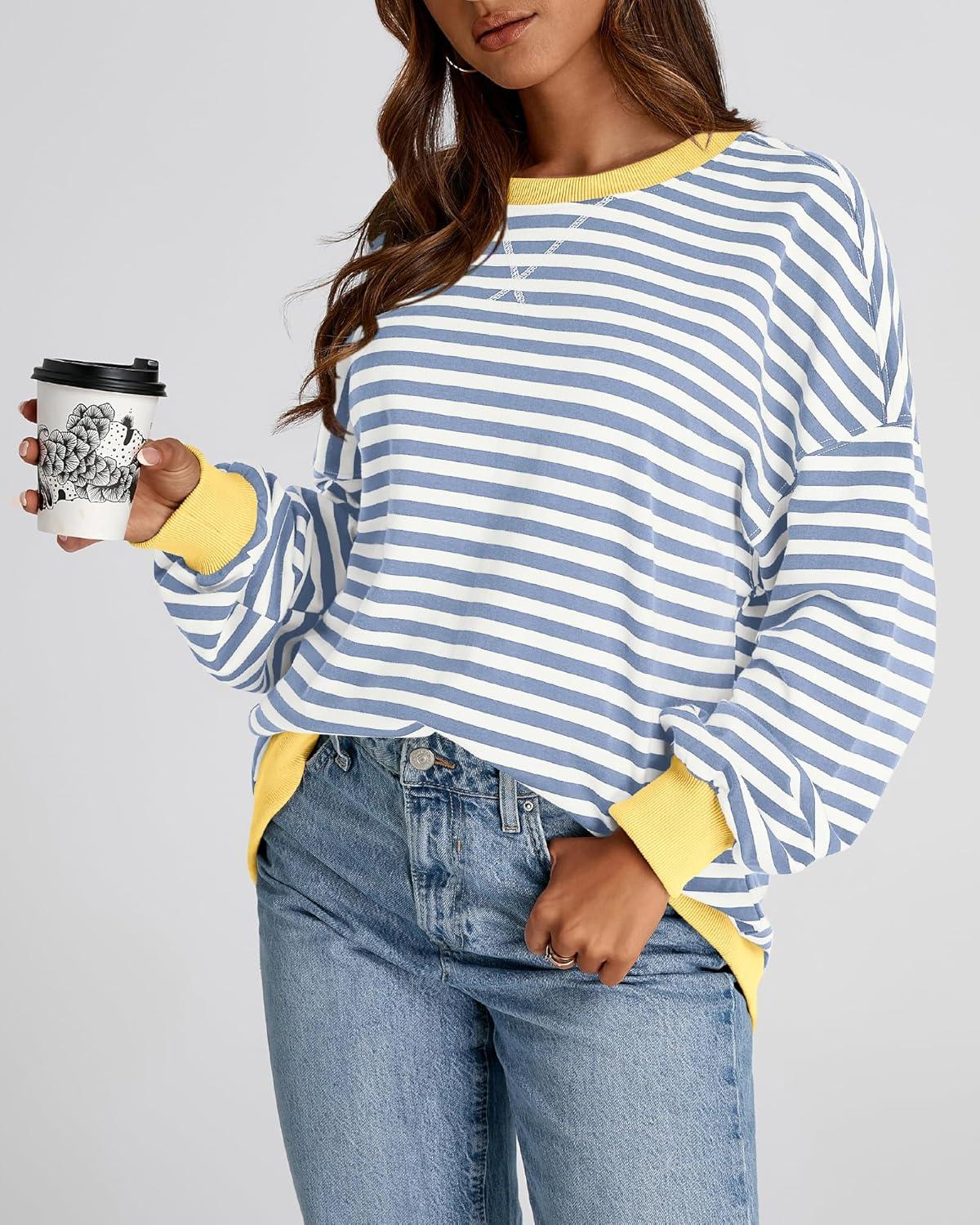 imageBTFBM Womens Oversized Striped Sweatshirt Crewneck Long Sleeve Pullover Top Casual Y2K Spring Clothes 2026 Workout ShirtBlue Beige White