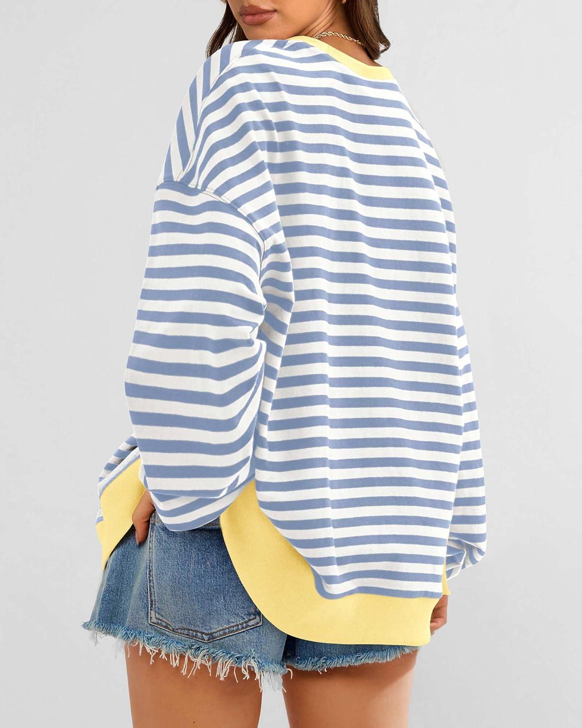 imageBTFBM Womens Oversized Striped Sweatshirt Crewneck Long Sleeve Pullover Top Casual Y2K Spring Clothes 2026 Workout ShirtBlue Beige White