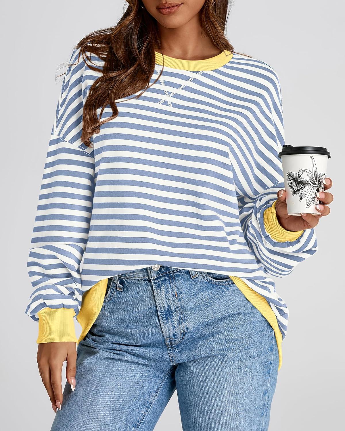 imageBTFBM Womens Oversized Striped Sweatshirt Crewneck Long Sleeve Pullover Top Casual Y2K Spring Clothes 2026 Workout ShirtBlue Beige White
