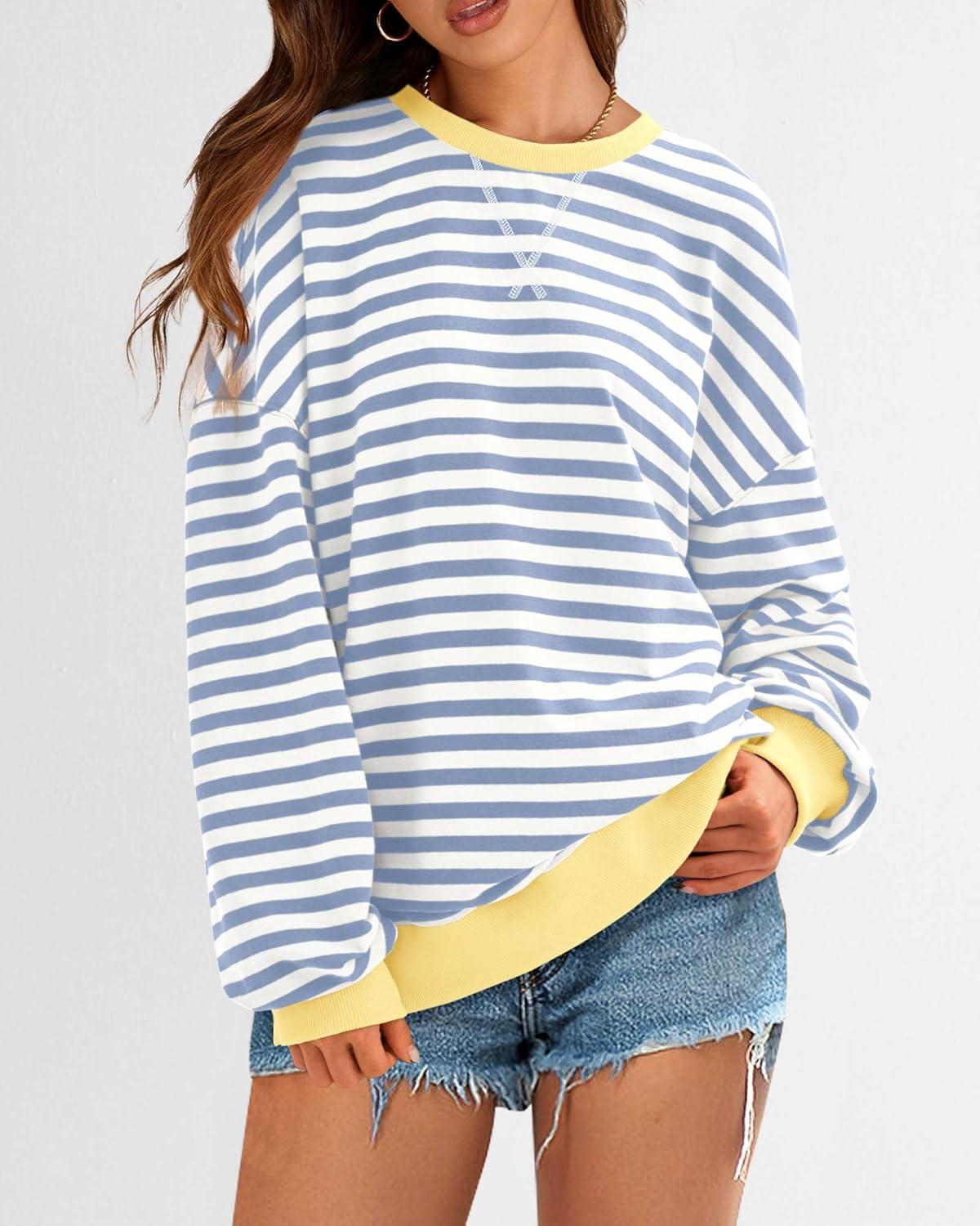 imageBTFBM Womens Oversized Striped Sweatshirt Crewneck Long Sleeve Pullover Top Casual Y2K Spring Clothes 2026 Workout ShirtBlue Beige White