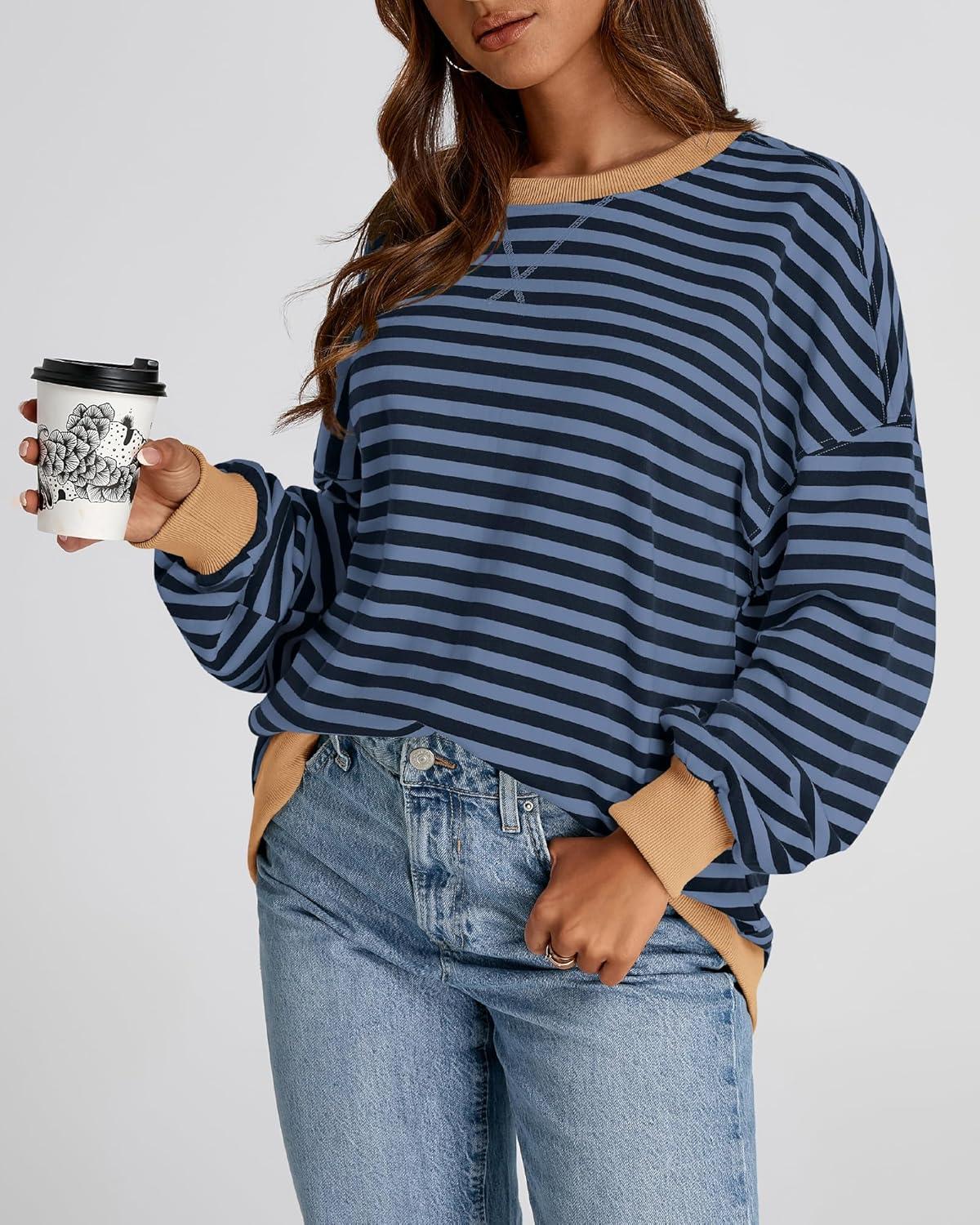 imageBTFBM Womens Oversized Striped Sweatshirt Crewneck Long Sleeve Pullover Top Casual Y2K Spring Clothes 2026 Workout ShirtBlue Navy