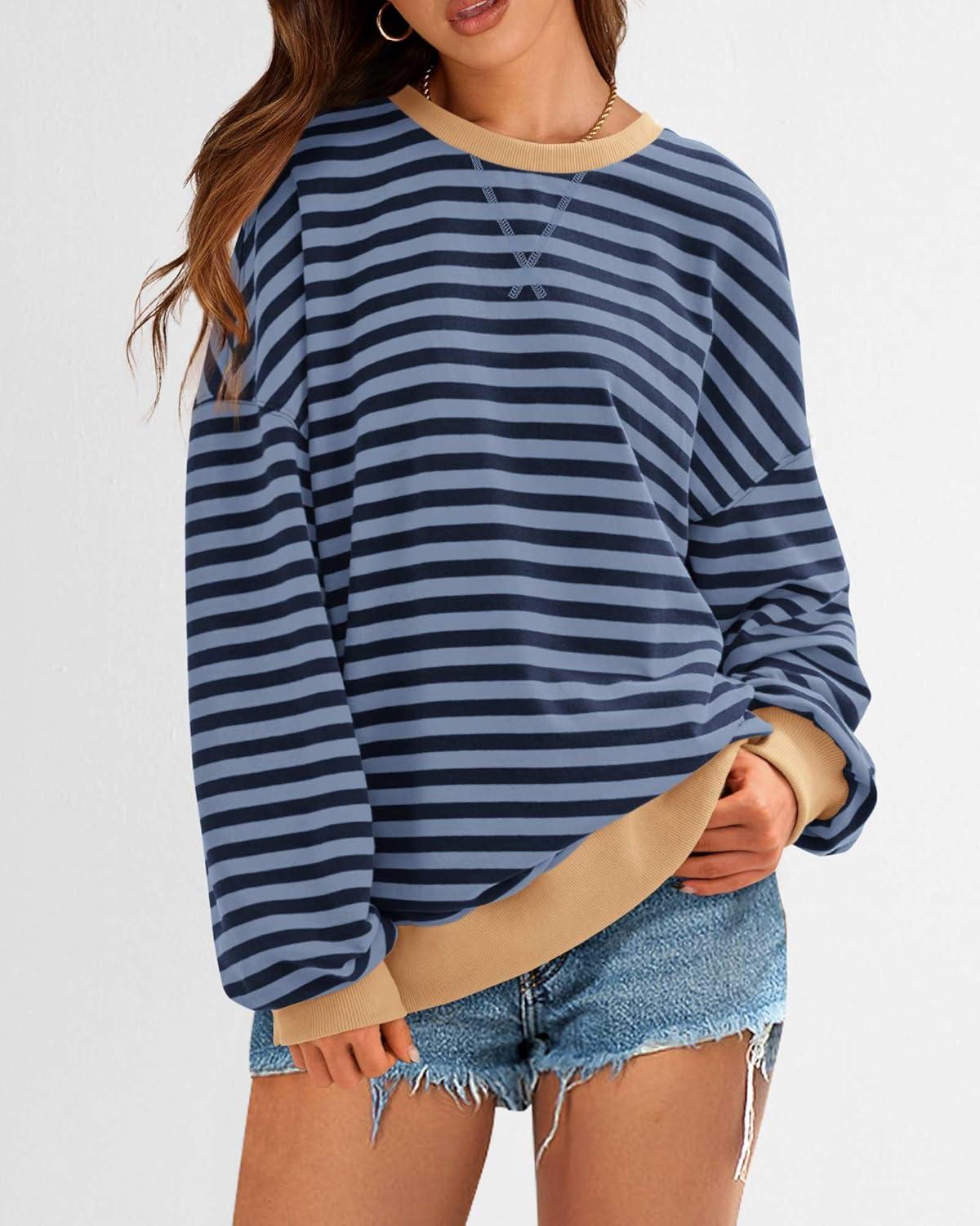 imageBTFBM Womens Oversized Striped Sweatshirt Crewneck Long Sleeve Pullover Top Casual Y2K Spring Clothes 2026 Workout ShirtBlue Navy