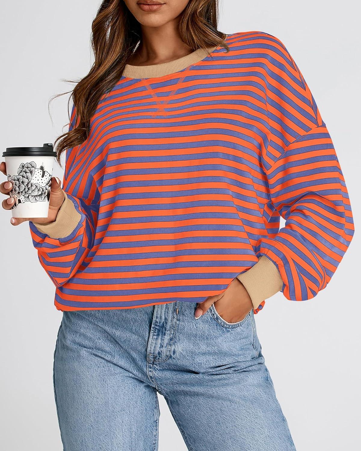 imageBTFBM Womens Oversized Striped Sweatshirt Crewneck Long Sleeve Pullover Top Casual Y2K Spring Clothes 2026 Workout ShirtBlue Orange