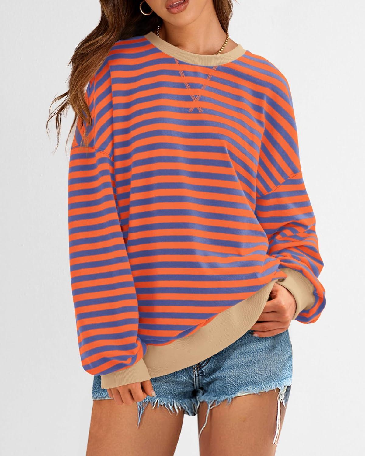imageBTFBM Womens Oversized Striped Sweatshirt Crewneck Long Sleeve Pullover Top Casual Y2K Spring Clothes 2026 Workout ShirtBlue Orange