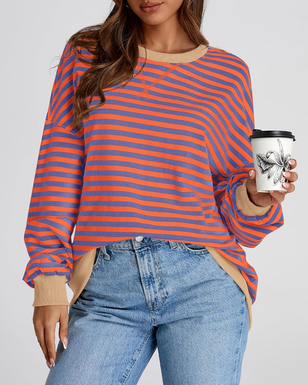imageBTFBM Womens Oversized Striped Sweatshirt Crewneck Long Sleeve Pullover Top Casual Y2K Spring Clothes 2026 Workout ShirtBlue Orange