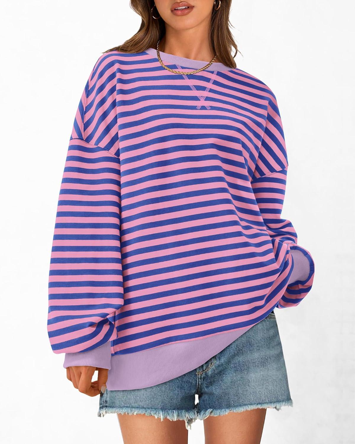 imageBTFBM Womens Oversized Striped Sweatshirt Crewneck Long Sleeve Pullover Top Casual Y2K Spring Clothes 2026 Workout ShirtBlue Pink