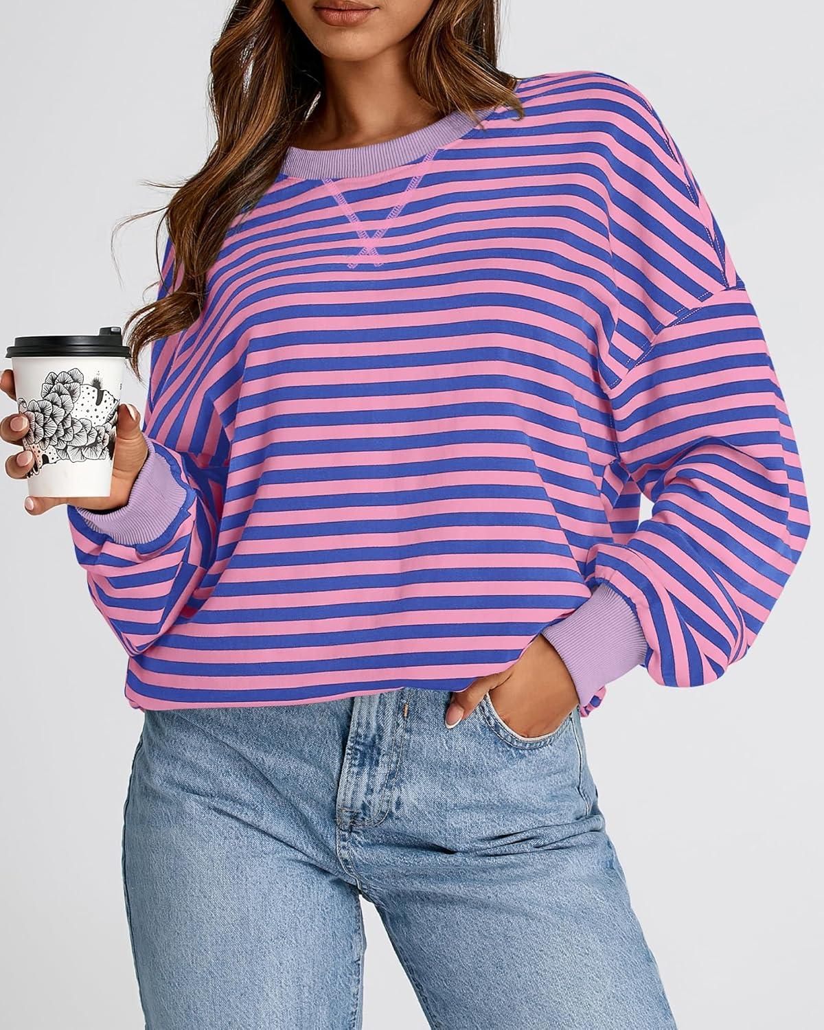 imageBTFBM Womens Oversized Striped Sweatshirt Crewneck Long Sleeve Pullover Top Casual Y2K Spring Clothes 2026 Workout ShirtBlue Pink