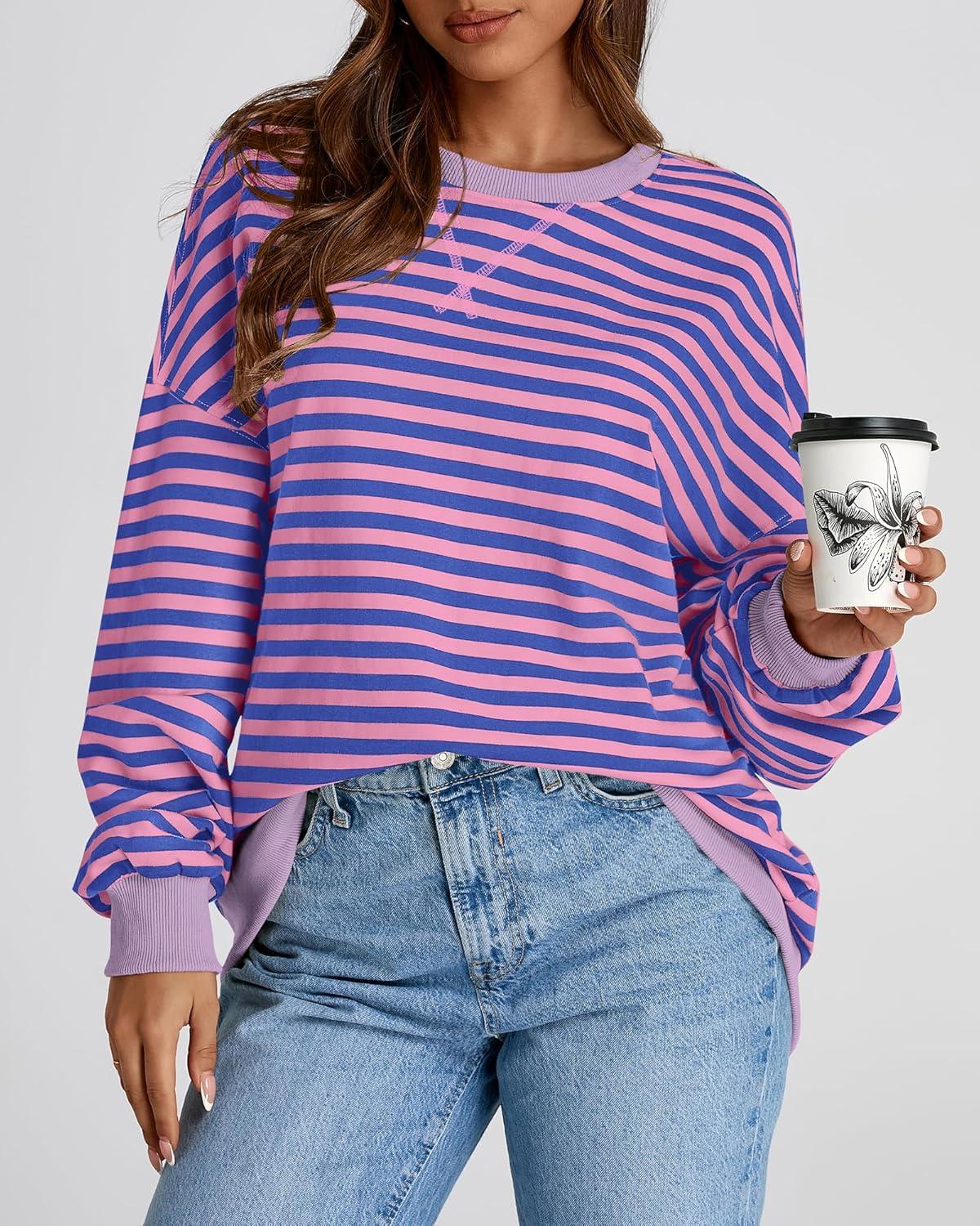 imageBTFBM Womens Oversized Striped Sweatshirt Crewneck Long Sleeve Pullover Top Casual Y2K Spring Clothes 2026 Workout ShirtBlue Pink