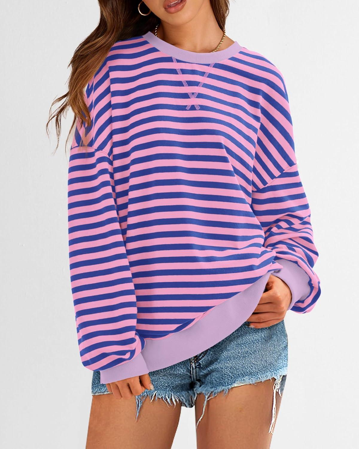 imageBTFBM Womens Oversized Striped Sweatshirt Crewneck Long Sleeve Pullover Top Casual Y2K Spring Clothes 2026 Workout ShirtBlue Pink
