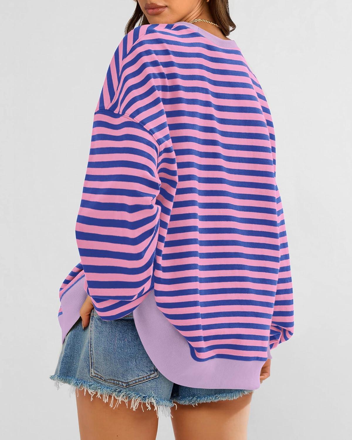 imageBTFBM Womens Oversized Striped Sweatshirt Crewneck Long Sleeve Pullover Top Casual Y2K Spring Clothes 2026 Workout ShirtBlue Pink