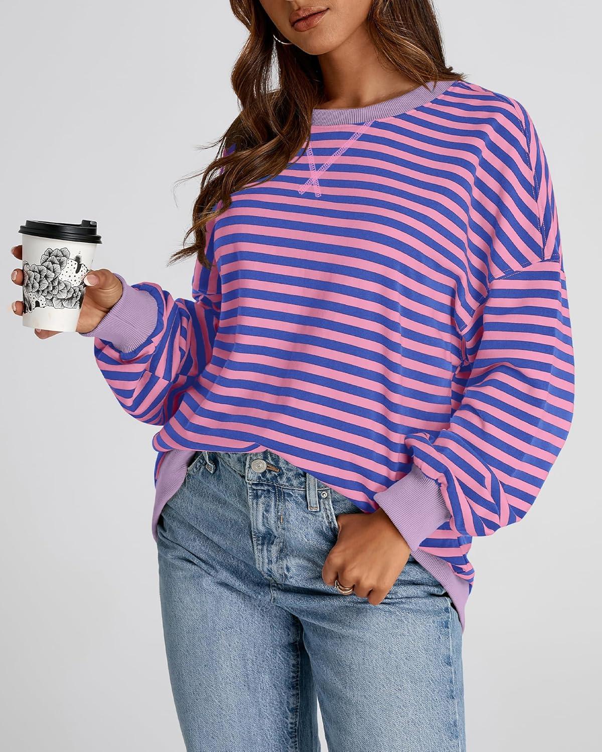 imageBTFBM Womens Oversized Striped Sweatshirt Crewneck Long Sleeve Pullover Top Casual Y2K Spring Clothes 2026 Workout ShirtBlue Pink