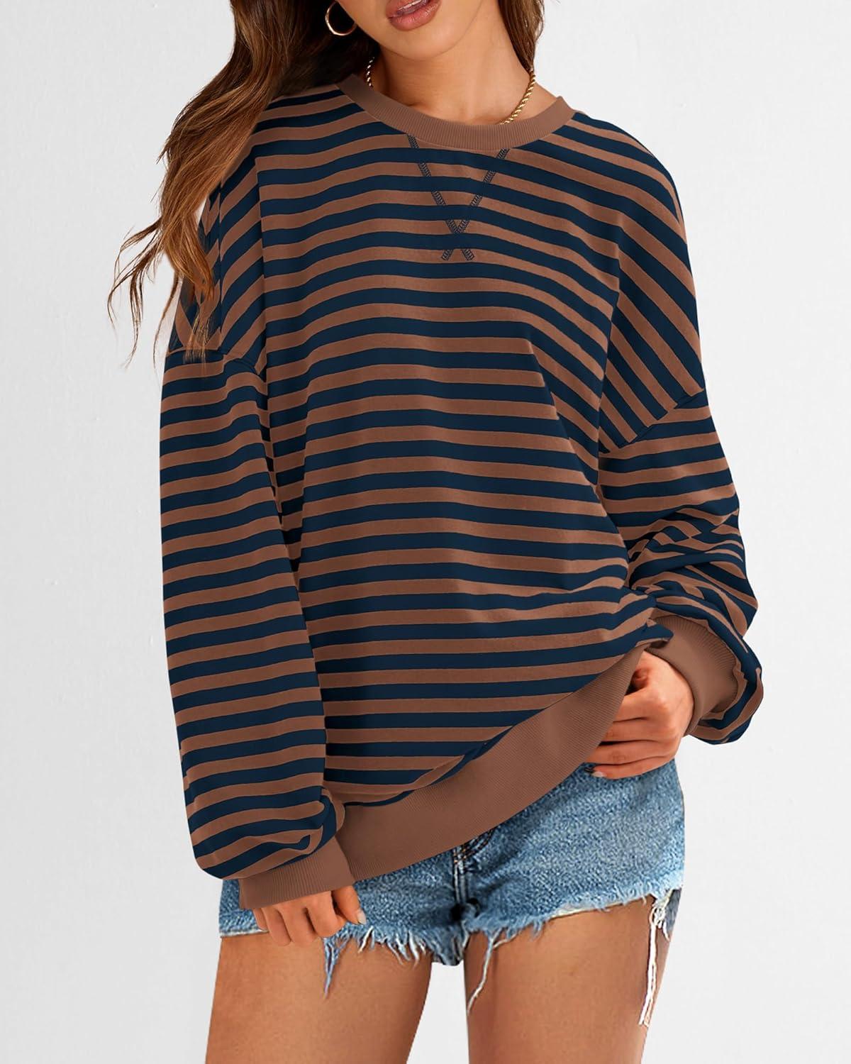 imageBTFBM Womens Oversized Striped Sweatshirt Crewneck Long Sleeve Pullover Top Casual Y2K Spring Clothes 2026 Workout ShirtBrown Navy
