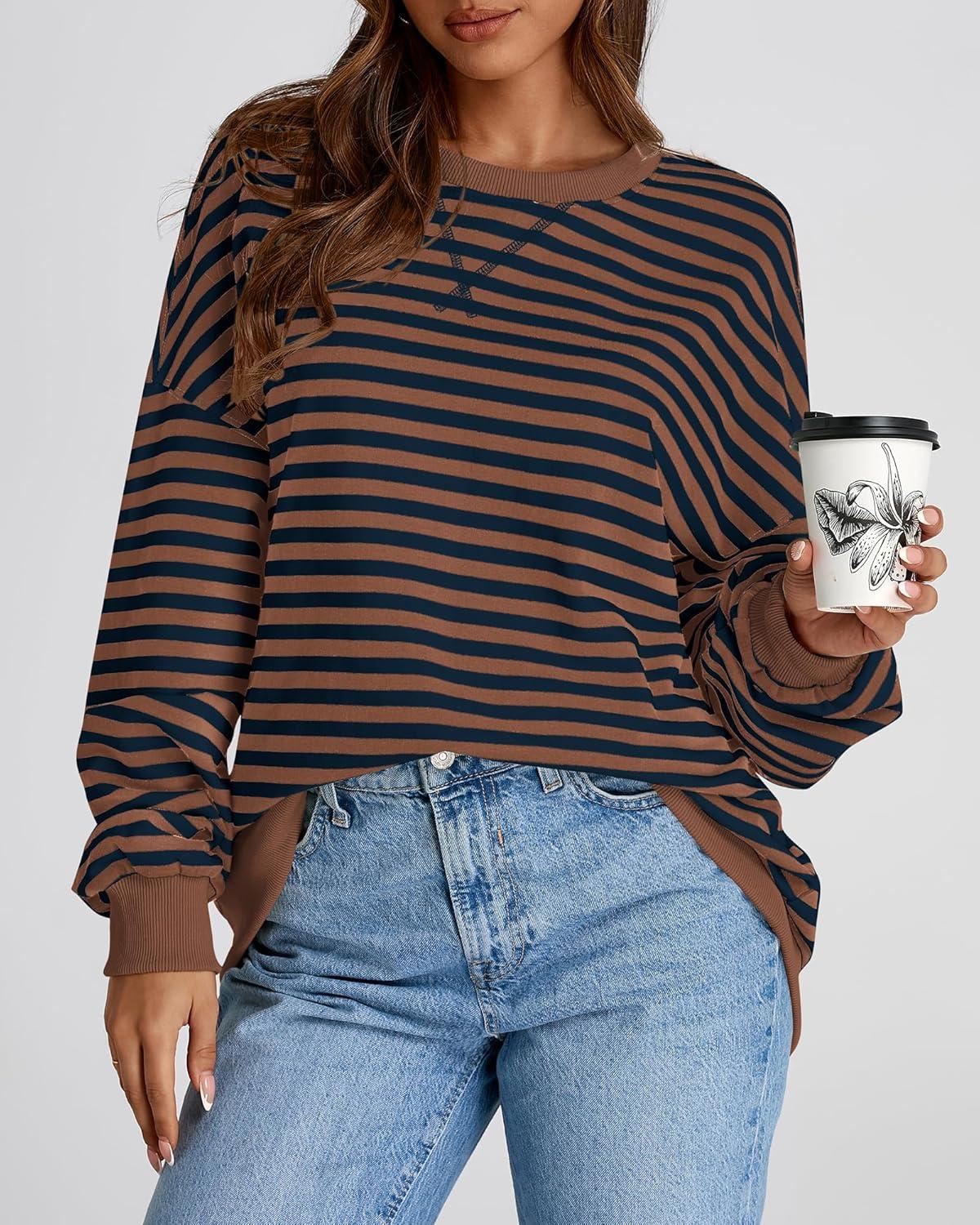 imageBTFBM Womens Oversized Striped Sweatshirt Crewneck Long Sleeve Pullover Top Casual Y2K Spring Clothes 2026 Workout ShirtBrown Navy