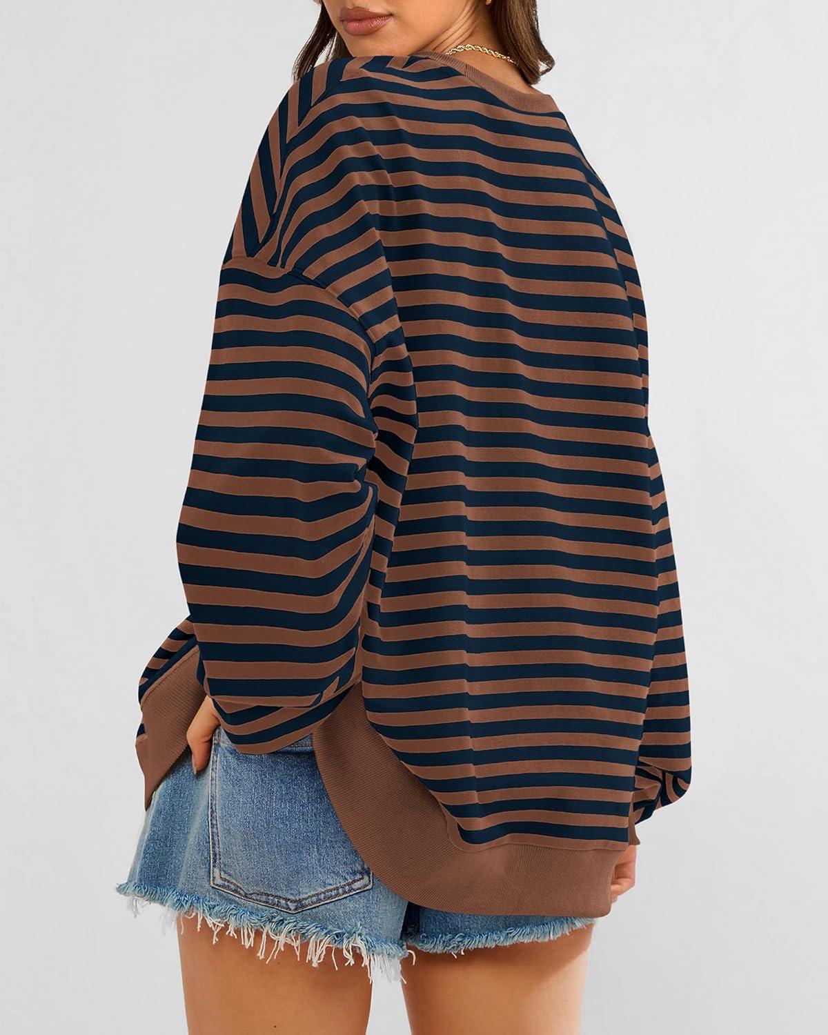 imageBTFBM Womens Oversized Striped Sweatshirt Crewneck Long Sleeve Pullover Top Casual Y2K Spring Clothes 2026 Workout ShirtBrown Navy