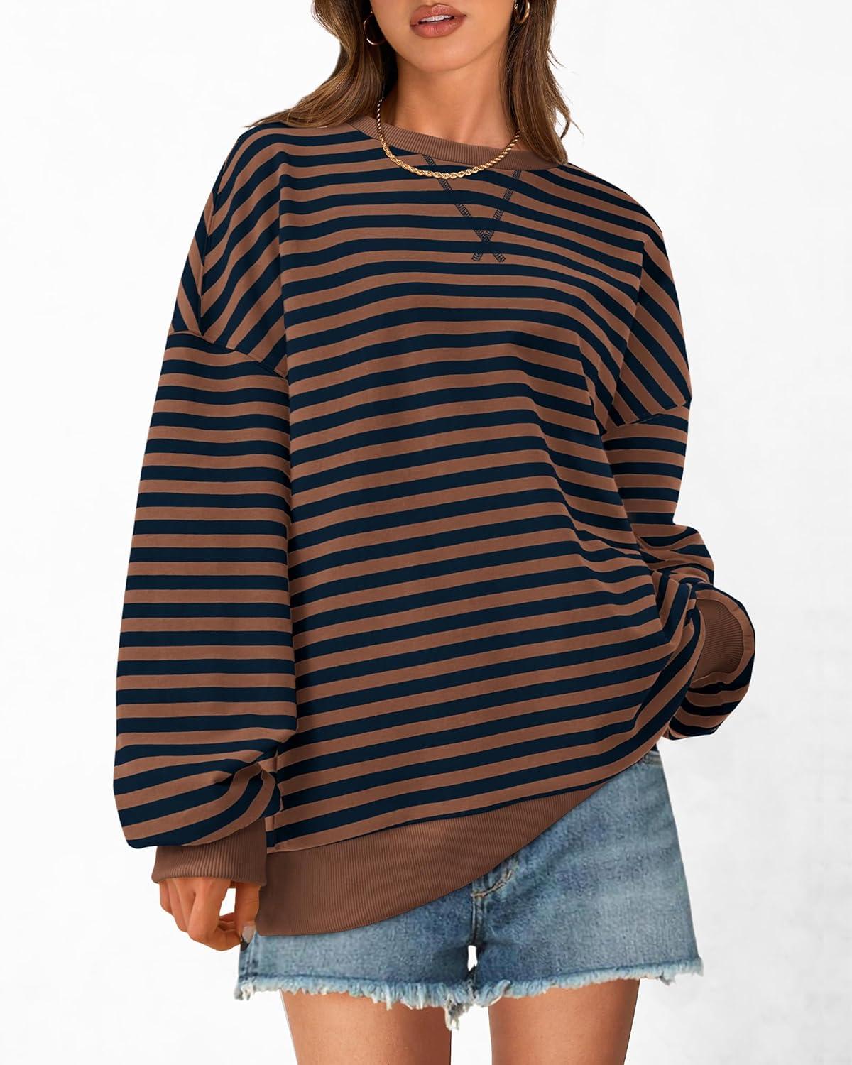 imageBTFBM Womens Oversized Striped Sweatshirt Crewneck Long Sleeve Pullover Top Casual Y2K Spring Clothes 2026 Workout ShirtBrown Navy