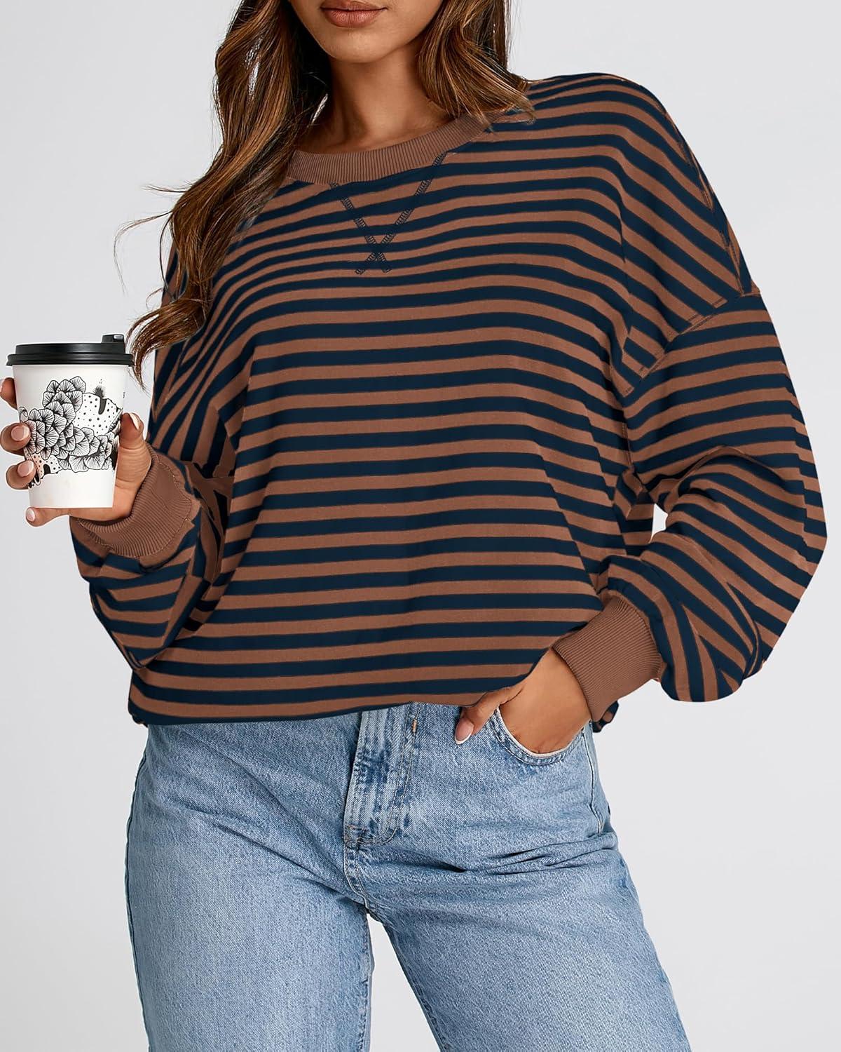 imageBTFBM Womens Oversized Striped Sweatshirt Crewneck Long Sleeve Pullover Top Casual Y2K Spring Clothes 2026 Workout ShirtBrown Navy