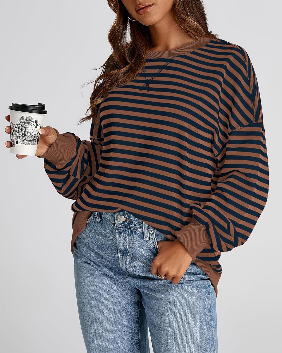 imageBTFBM Womens Oversized Striped Sweatshirt Crewneck Long Sleeve Pullover Top Casual Y2K Spring Clothes 2026 Workout ShirtBrown Navy
