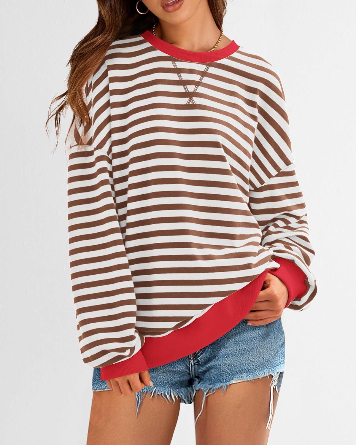 imageBTFBM Womens Oversized Striped Sweatshirt Crewneck Long Sleeve Pullover Top Casual Y2K Spring Clothes 2026 Workout ShirtBrown White