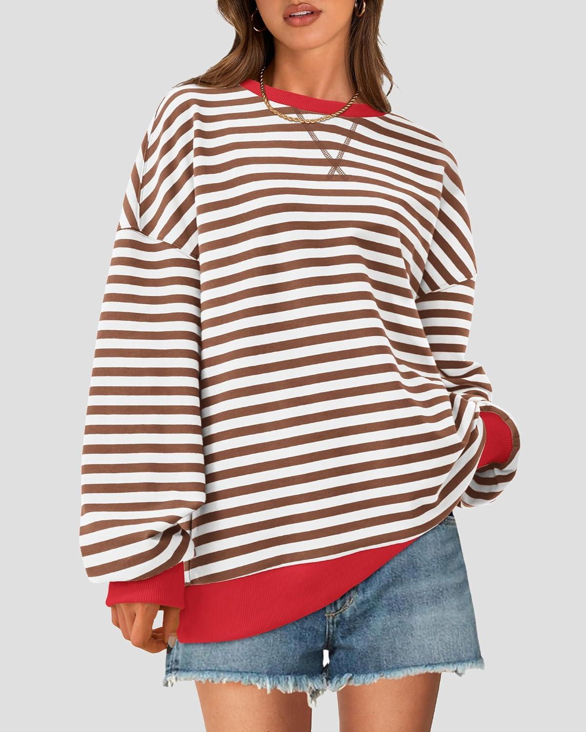 imageBTFBM Womens Oversized Striped Sweatshirt Crewneck Long Sleeve Pullover Top Casual Y2K Spring Clothes 2026 Workout ShirtBrown White