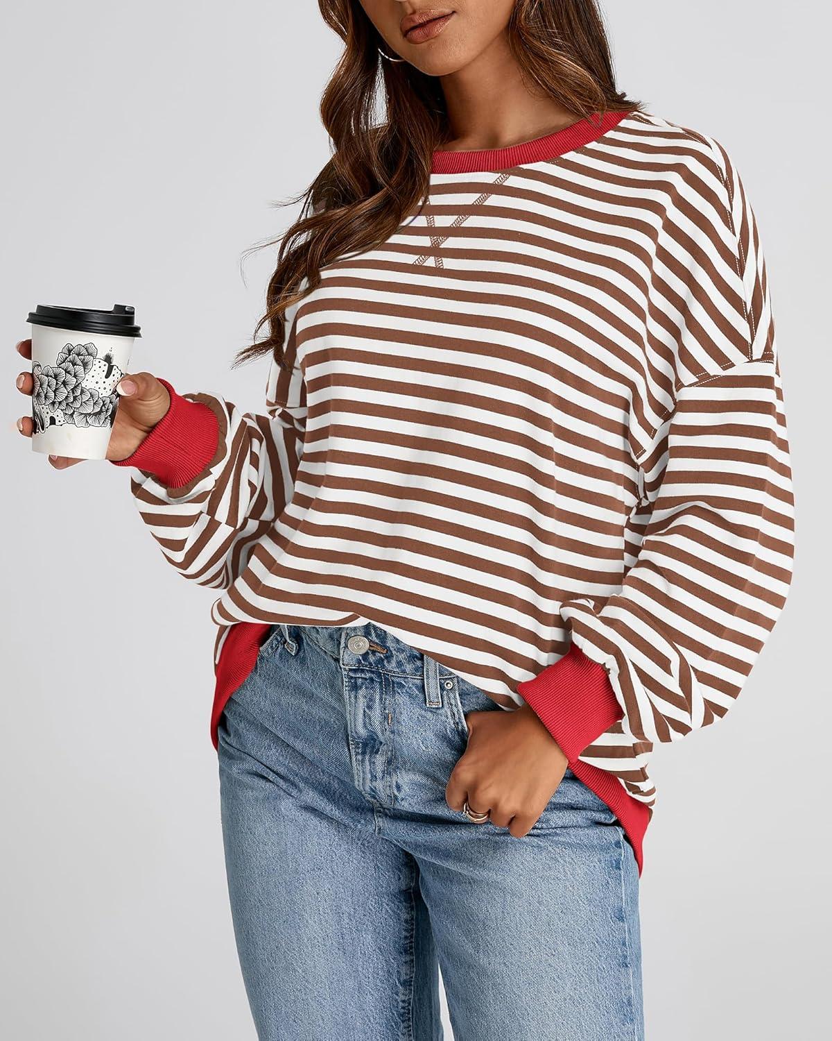imageBTFBM Womens Oversized Striped Sweatshirt Crewneck Long Sleeve Pullover Top Casual Y2K Spring Clothes 2026 Workout ShirtBrown White
