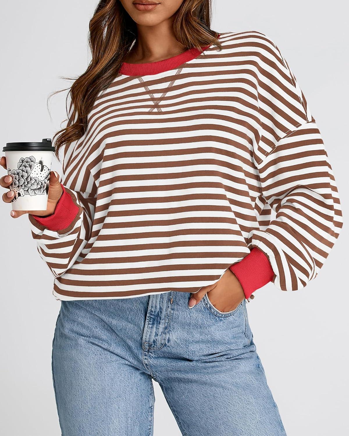 imageBTFBM Womens Oversized Striped Sweatshirt Crewneck Long Sleeve Pullover Top Casual Y2K Spring Clothes 2026 Workout ShirtBrown White