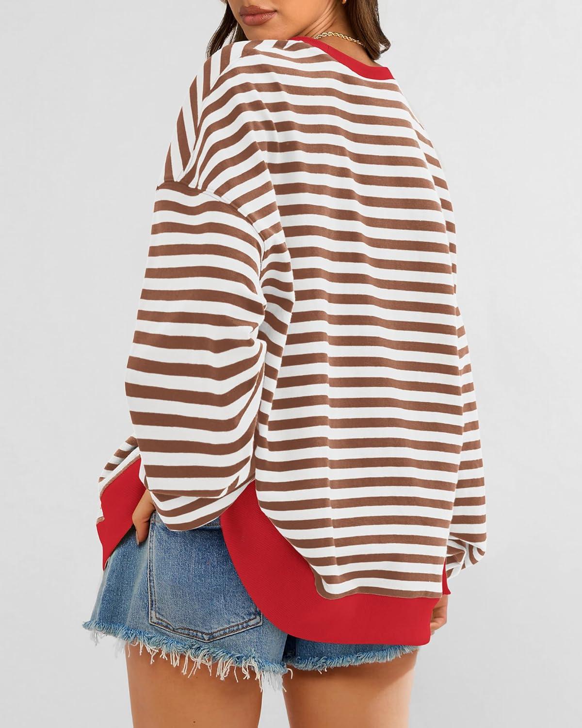 imageBTFBM Womens Oversized Striped Sweatshirt Crewneck Long Sleeve Pullover Top Casual Y2K Spring Clothes 2026 Workout ShirtBrown White