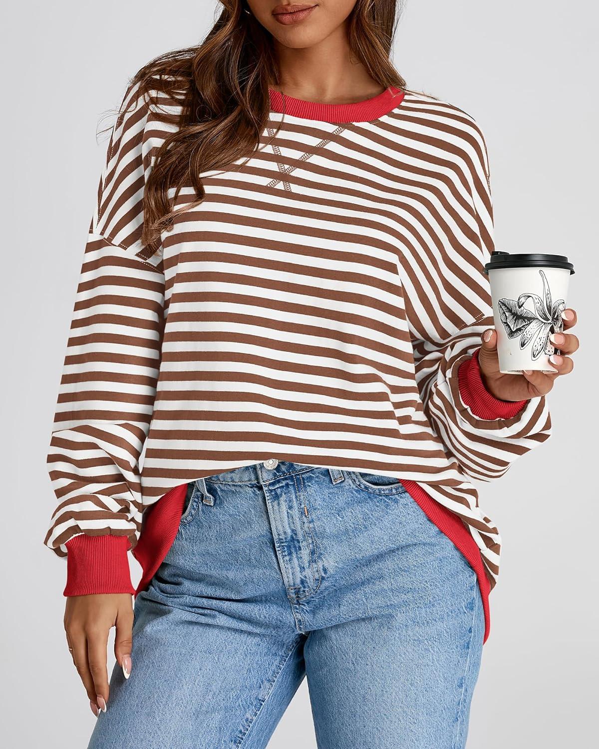imageBTFBM Womens Oversized Striped Sweatshirt Crewneck Long Sleeve Pullover Top Casual Y2K Spring Clothes 2026 Workout ShirtBrown White