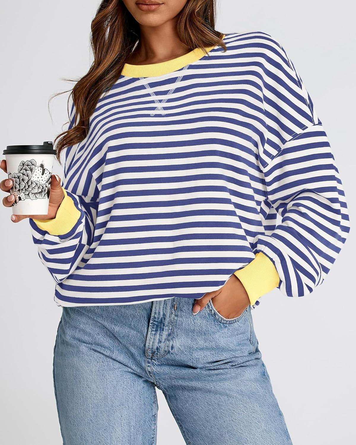 imageBTFBM Womens Oversized Striped Sweatshirt Crewneck Long Sleeve Pullover Top Casual Y2K Spring Clothes 2026 Workout ShirtDark Blue White