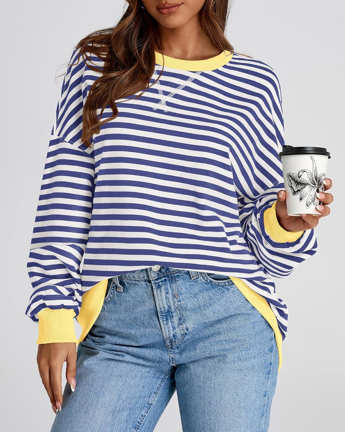 imageBTFBM Womens Oversized Striped Sweatshirt Crewneck Long Sleeve Pullover Top Casual Y2K Spring Clothes 2026 Workout ShirtDark Blue White