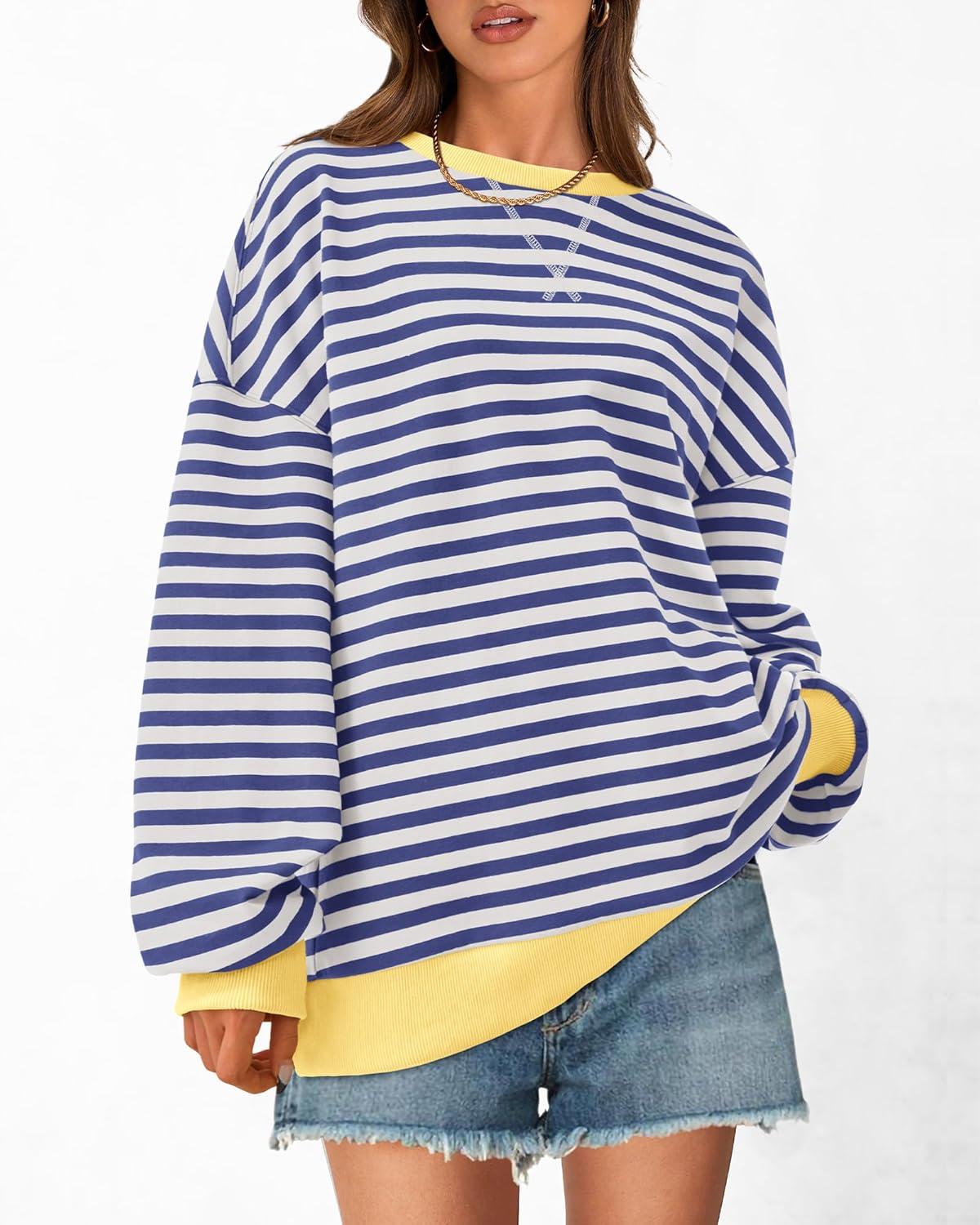 imageBTFBM Womens Oversized Striped Sweatshirt Crewneck Long Sleeve Pullover Top Casual Y2K Spring Clothes 2026 Workout ShirtDark Blue White