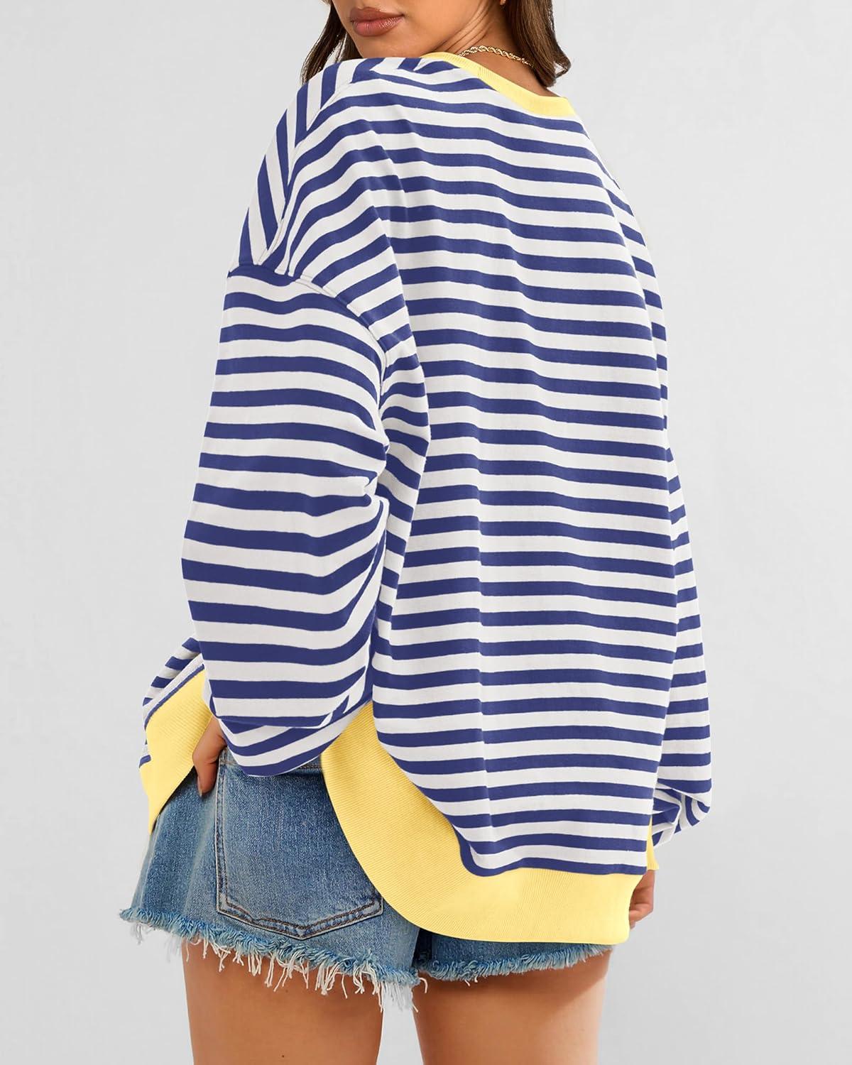 imageBTFBM Womens Oversized Striped Sweatshirt Crewneck Long Sleeve Pullover Top Casual Y2K Spring Clothes 2026 Workout ShirtDark Blue White
