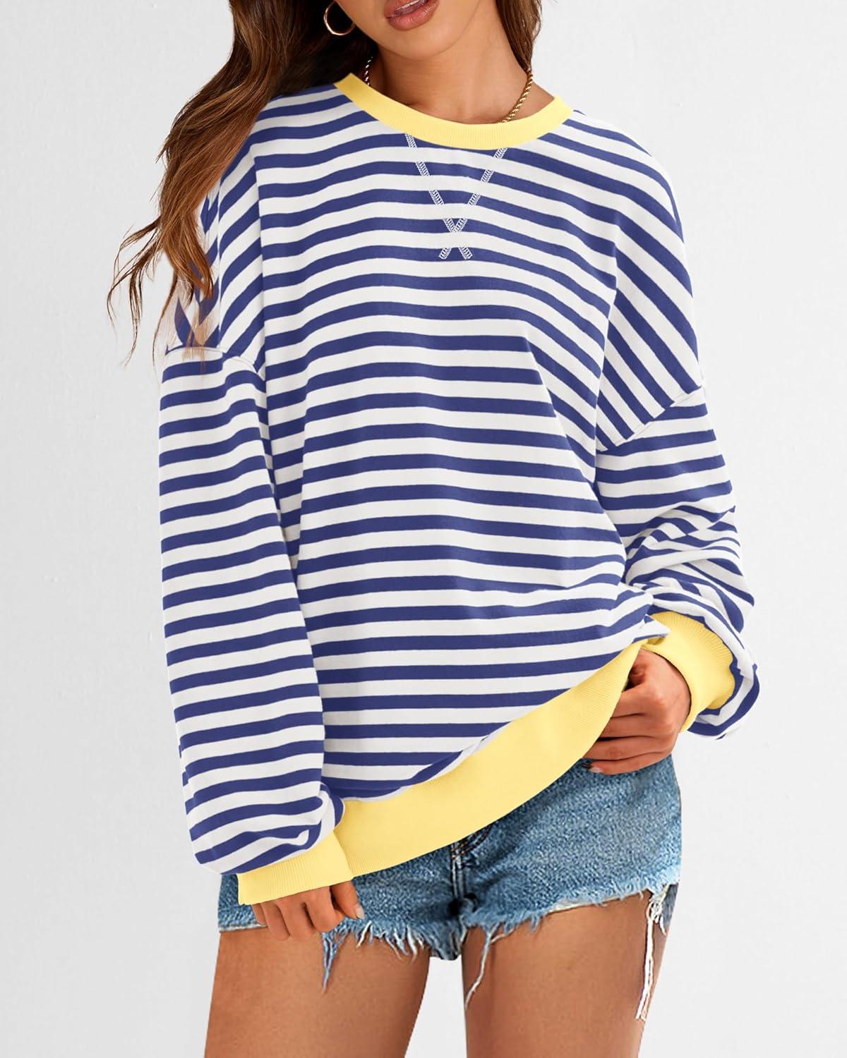 imageBTFBM Womens Oversized Striped Sweatshirt Crewneck Long Sleeve Pullover Top Casual Y2K Spring Clothes 2026 Workout ShirtDark Blue White