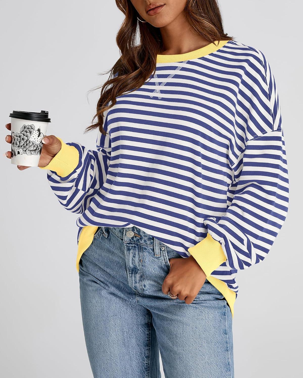 imageBTFBM Womens Oversized Striped Sweatshirt Crewneck Long Sleeve Pullover Top Casual Y2K Spring Clothes 2026 Workout ShirtDark Blue White