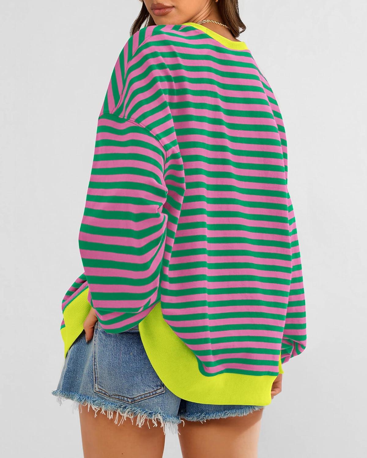 imageBTFBM Womens Oversized Striped Sweatshirt Crewneck Long Sleeve Pullover Top Casual Y2K Spring Clothes 2026 Workout ShirtPink Green