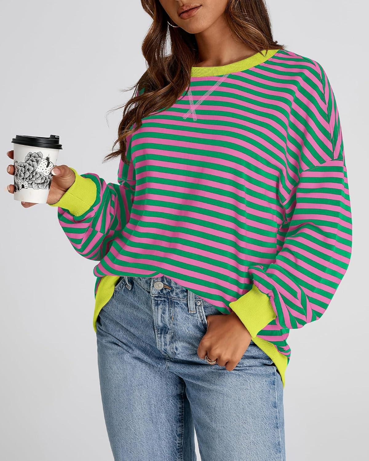 imageBTFBM Womens Oversized Striped Sweatshirt Crewneck Long Sleeve Pullover Top Casual Y2K Spring Clothes 2026 Workout ShirtPink Green