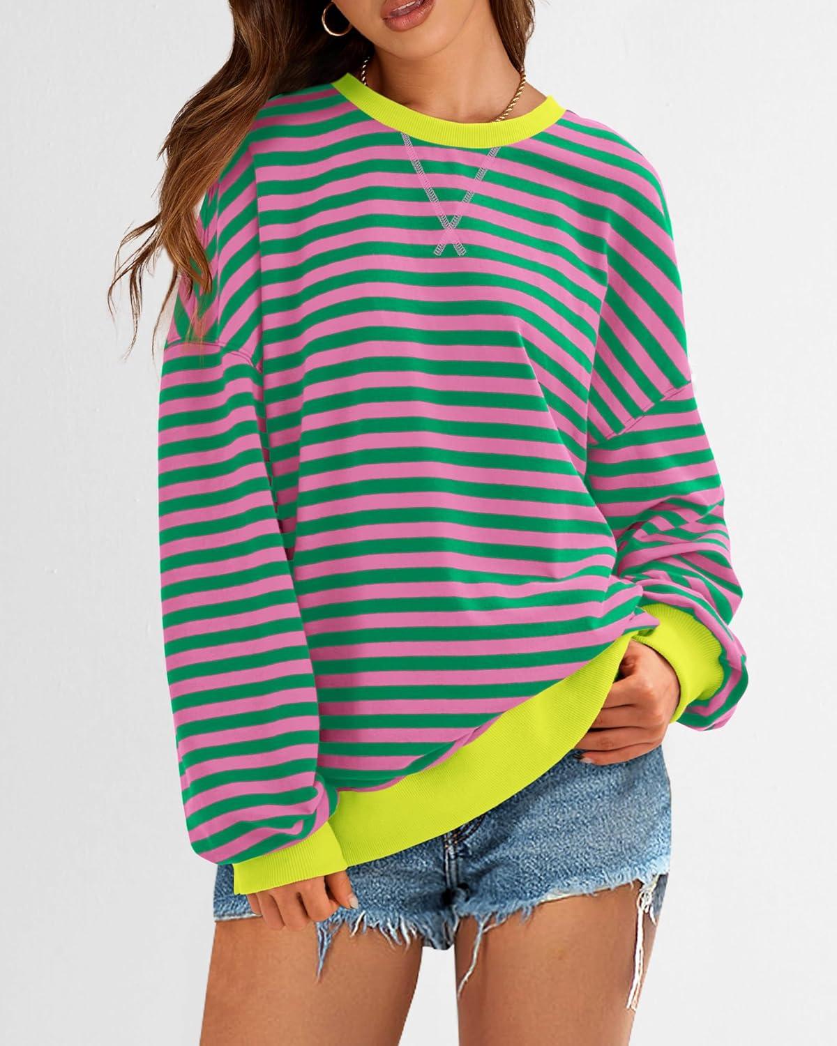 imageBTFBM Womens Oversized Striped Sweatshirt Crewneck Long Sleeve Pullover Top Casual Y2K Spring Clothes 2026 Workout ShirtPink Green