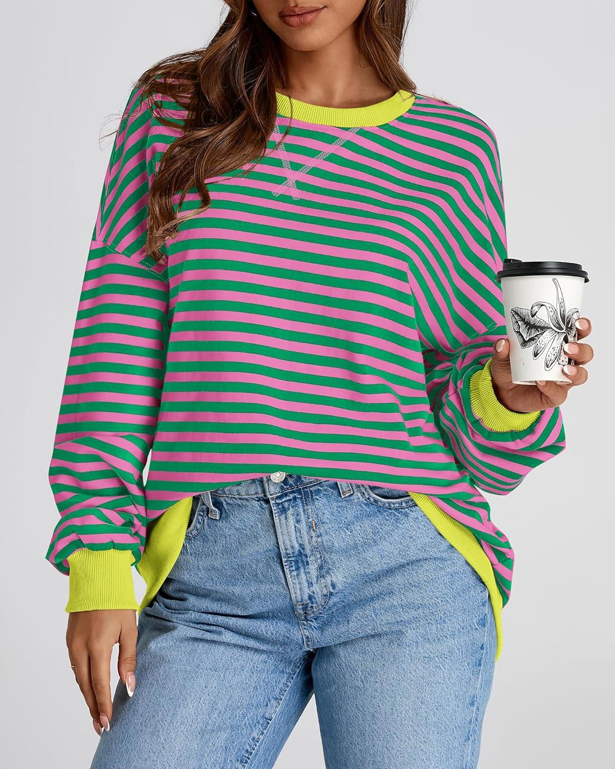 imageBTFBM Womens Oversized Striped Sweatshirt Crewneck Long Sleeve Pullover Top Casual Y2K Spring Clothes 2026 Workout ShirtPink Green