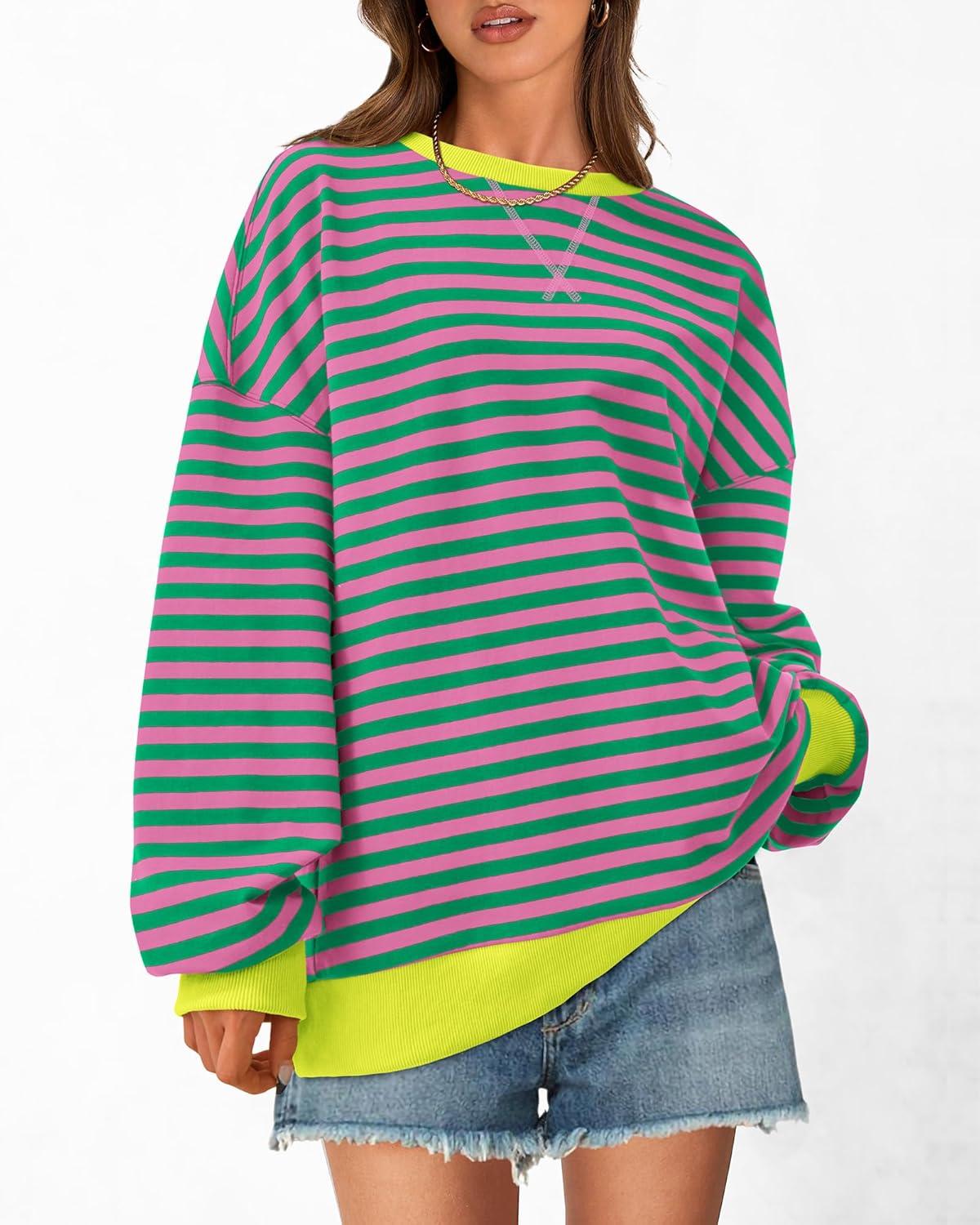 imageBTFBM Womens Oversized Striped Sweatshirt Crewneck Long Sleeve Pullover Top Casual Y2K Spring Clothes 2026 Workout ShirtPink Green