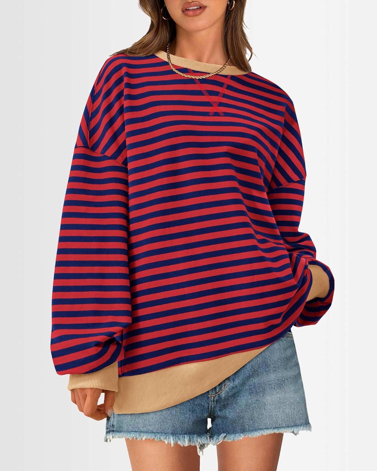 imageBTFBM Womens Oversized Striped Sweatshirt Crewneck Long Sleeve Pullover Top Casual Y2K Spring Clothes 2026 Workout ShirtRed Navy