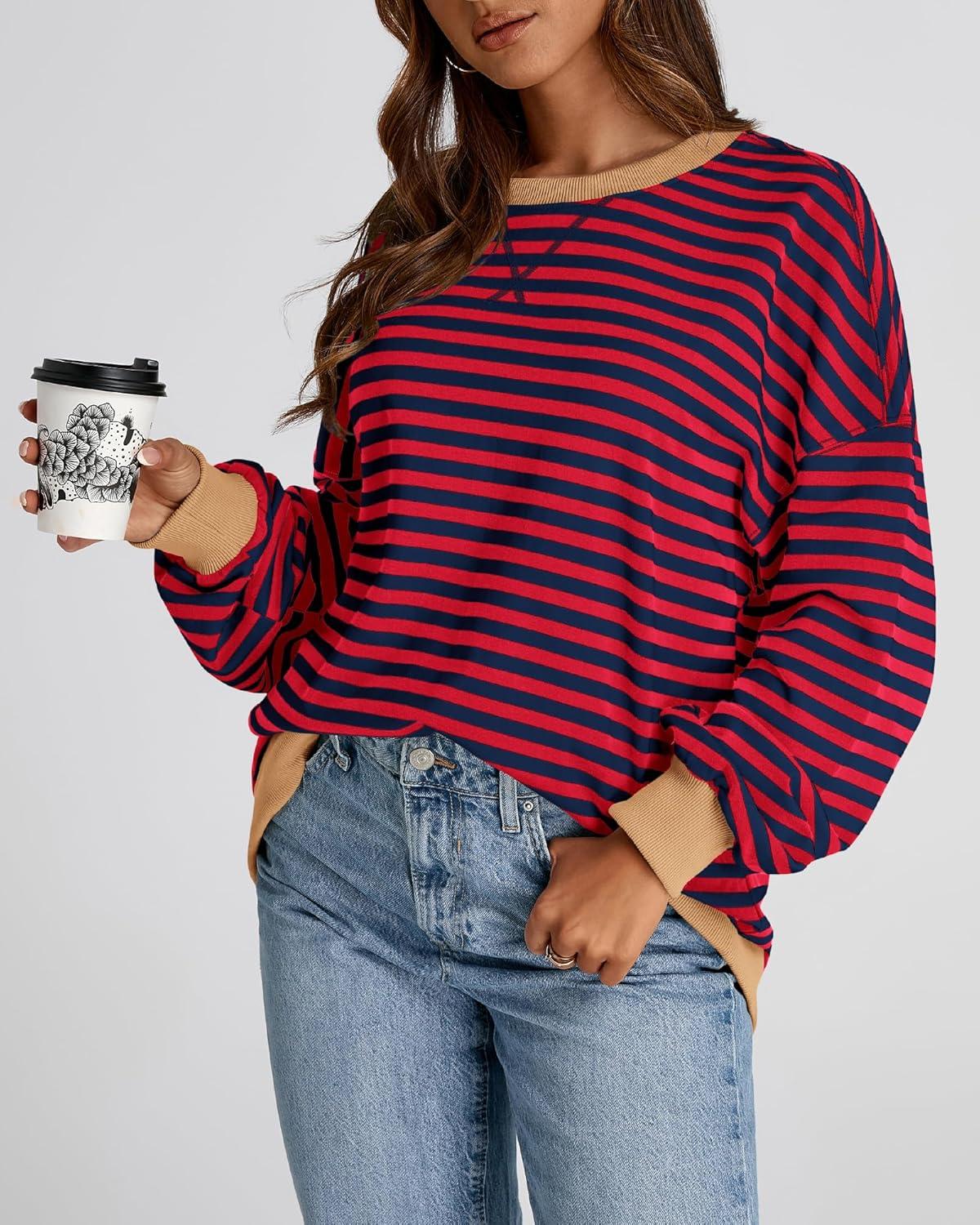 imageBTFBM Womens Oversized Striped Sweatshirt Crewneck Long Sleeve Pullover Top Casual Y2K Spring Clothes 2026 Workout ShirtRed Navy
