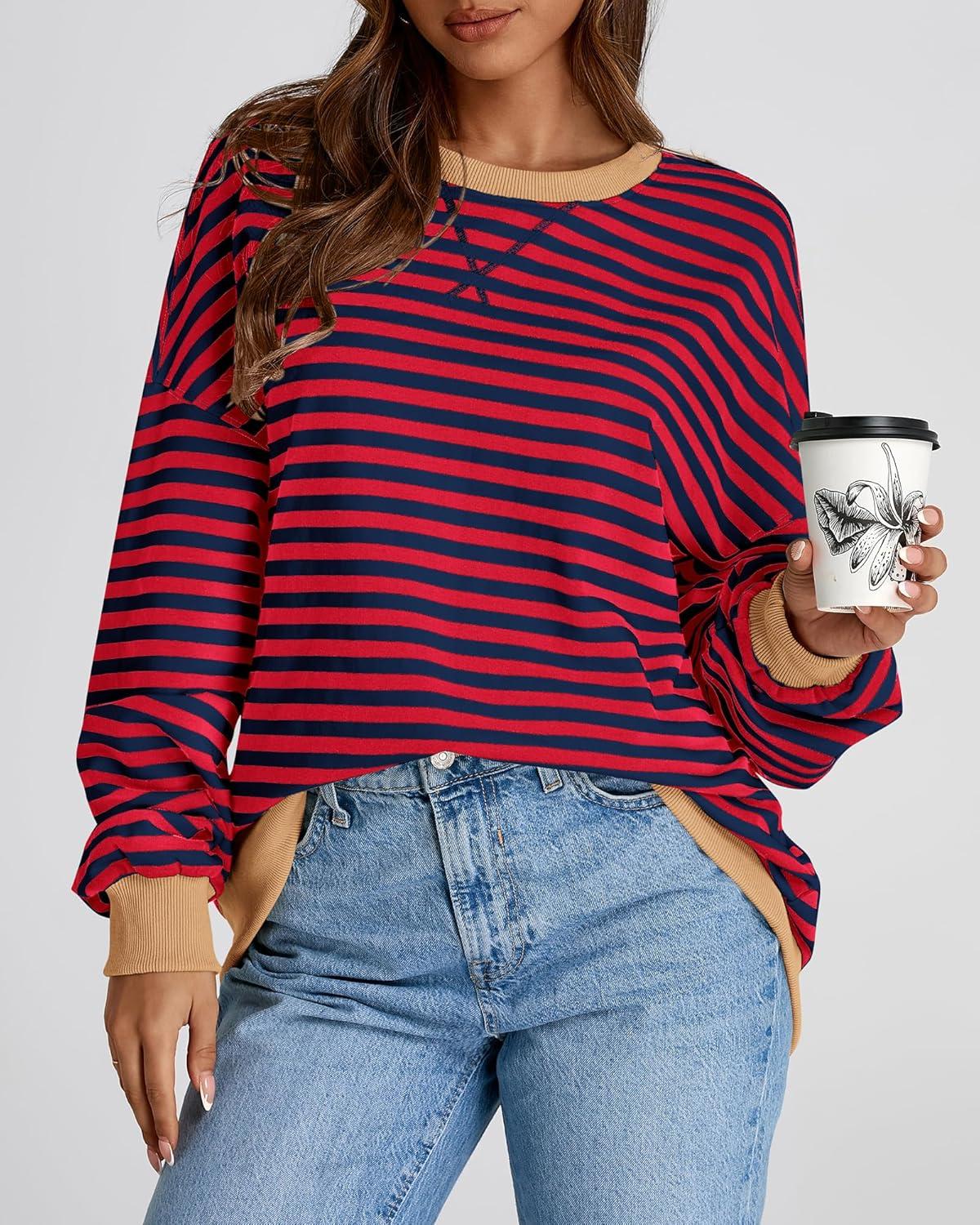 imageBTFBM Womens Oversized Striped Sweatshirt Crewneck Long Sleeve Pullover Top Casual Y2K Spring Clothes 2026 Workout ShirtRed Navy