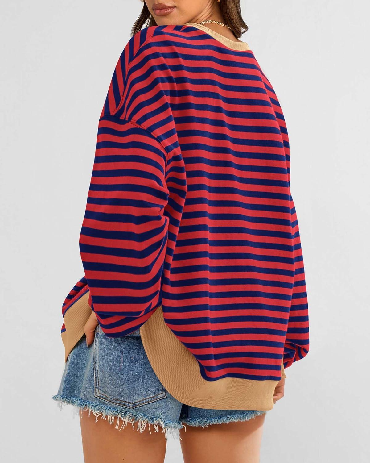 imageBTFBM Womens Oversized Striped Sweatshirt Crewneck Long Sleeve Pullover Top Casual Y2K Spring Clothes 2026 Workout ShirtRed Navy