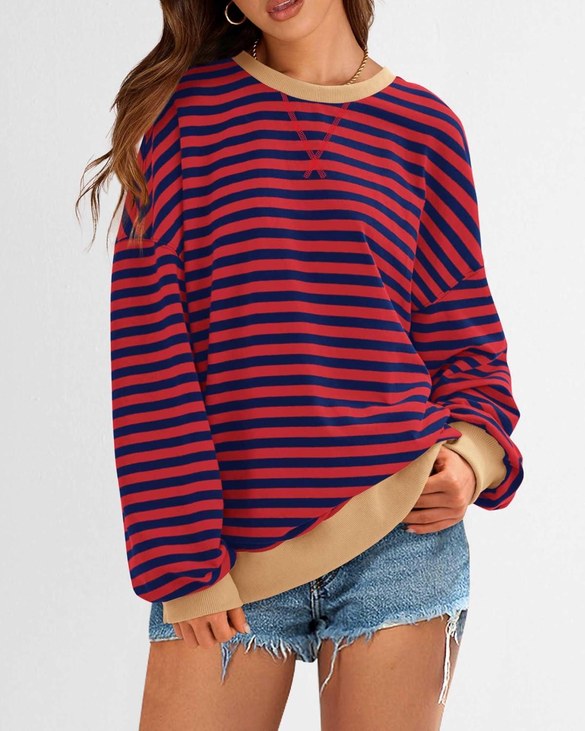 imageBTFBM Womens Oversized Striped Sweatshirt Crewneck Long Sleeve Pullover Top Casual Y2K Spring Clothes 2026 Workout ShirtRed Navy