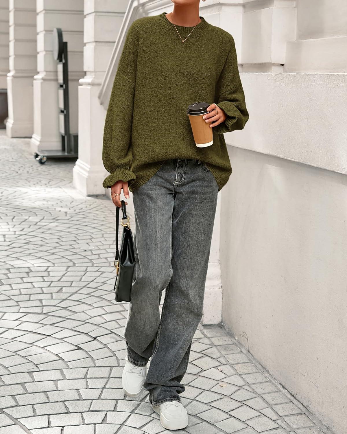 imageBTFBM Womens Oversized Sweater Crewneck 2025 Fall Winter Long Sleeve Fuzzy Warm Knit Pullover Sweaters Trendy OutfitsArmy Green