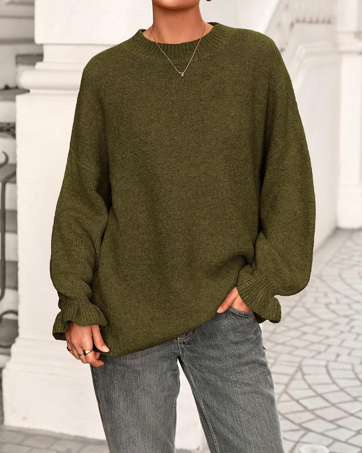 imageBTFBM Womens Oversized Sweater Crewneck 2025 Fall Winter Long Sleeve Fuzzy Warm Knit Pullover Sweaters Trendy OutfitsArmy Green